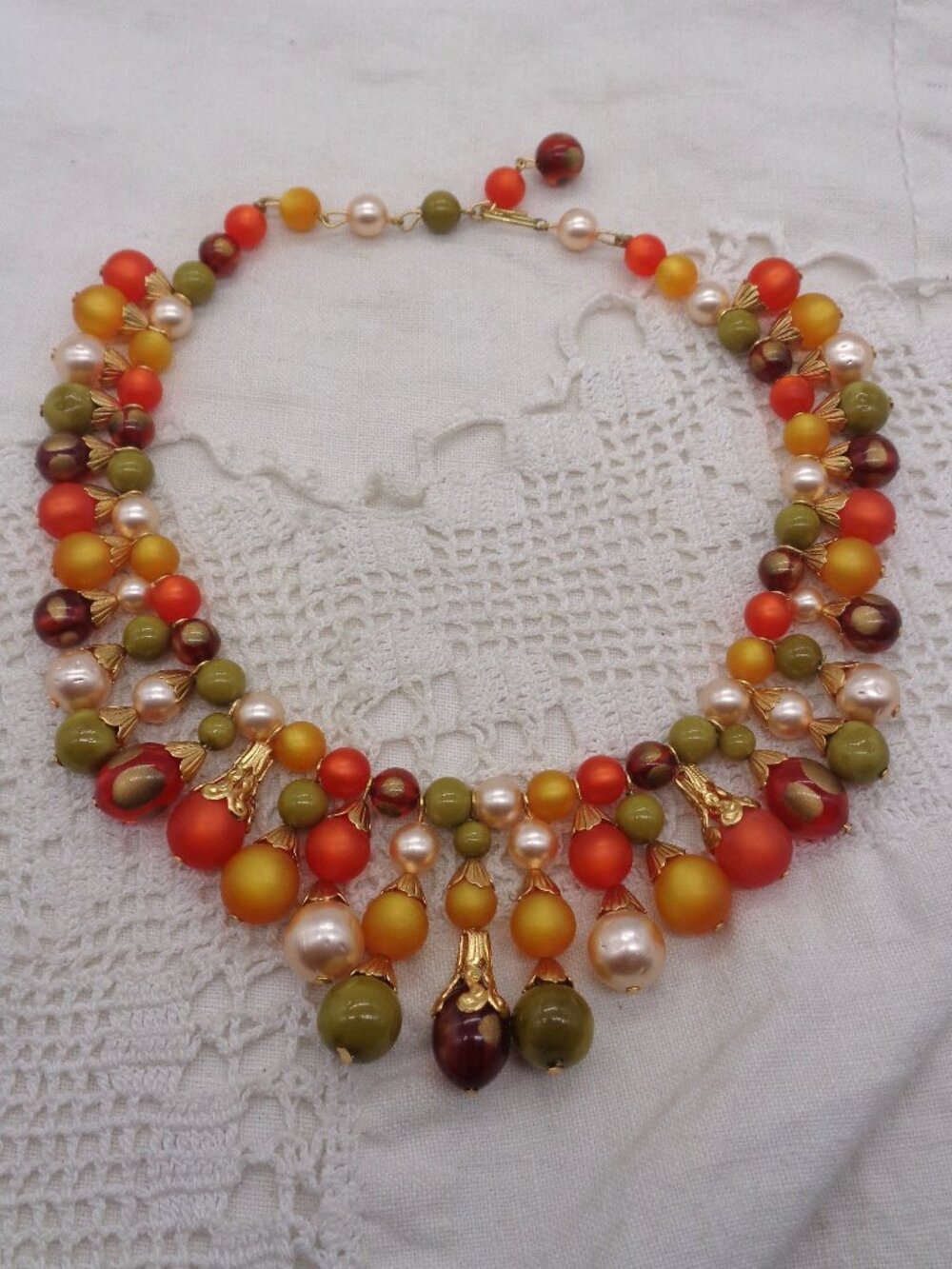 Vintage Autumn or Fruit Salad Lucite Moonglow Bead Bib Necklace